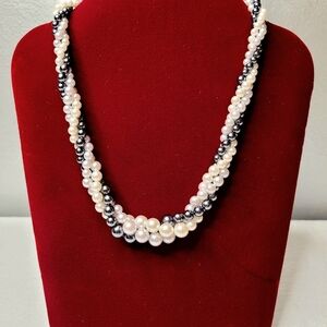 Triple Strand Faux Pearl Necklace White Light Grey And Dark Grey 16" EUC